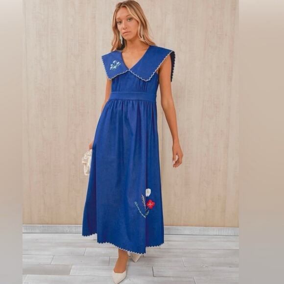 Tuckernuck Chambray Davis Embroidered Maxi Dress, Blue S Small - Picture 1 of 9